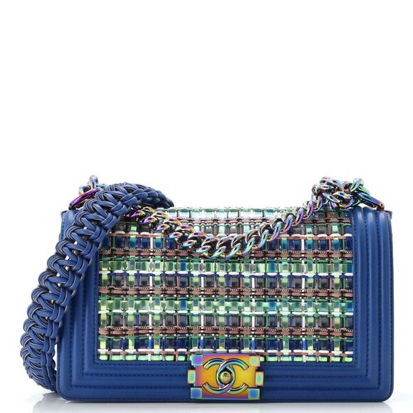 Chanel Handbags - Chanel Boy Flap Bag Woven PVC with Lambskin Old Medium Blue, Multicolor